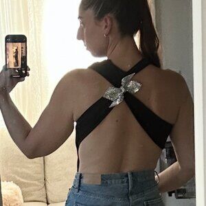 Zara Open Back Black Bodysuit Rhinestone Embellished Bow Size Medium M